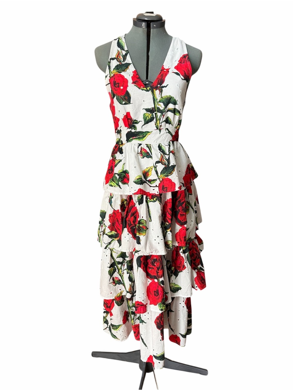 Entro White & Red Floral Tiered V-Neck Summer Dress size small